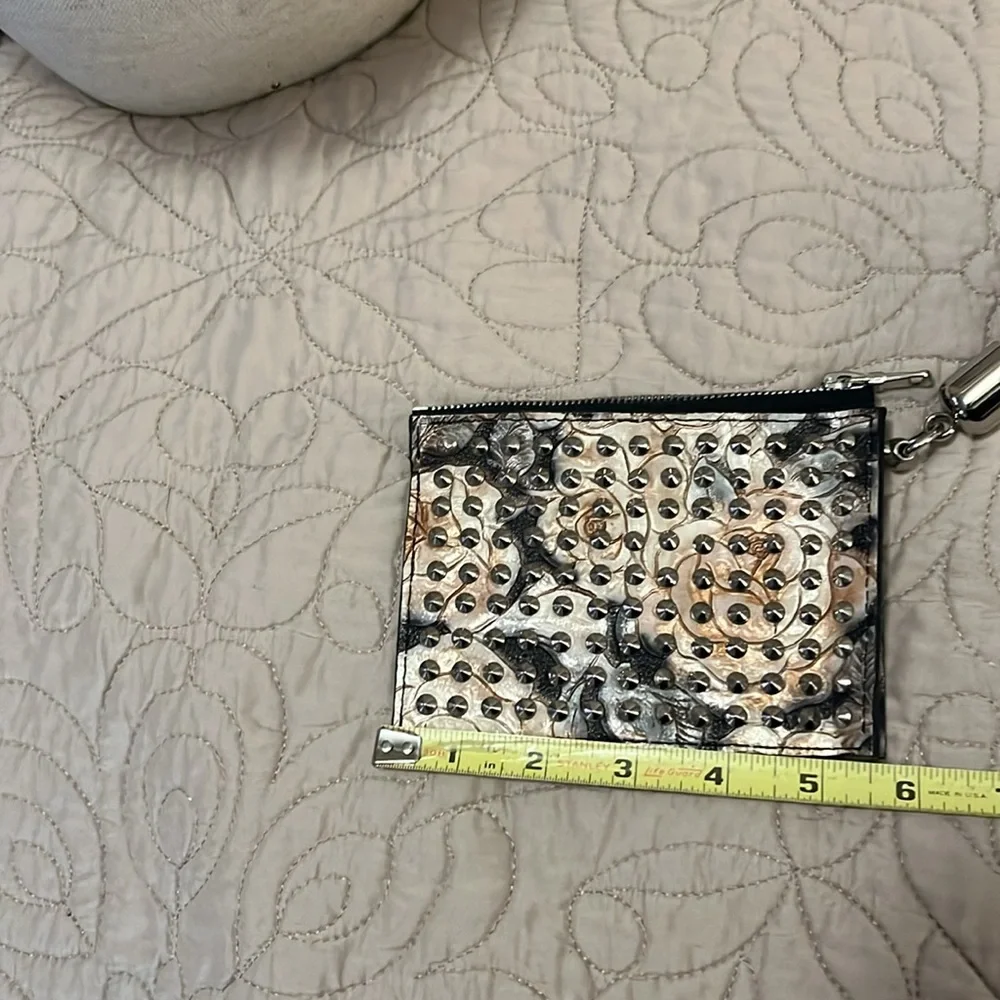 Snakeskin Embossed Studded Floral Zipper Suede Fringe Handle Pouch Card Holder